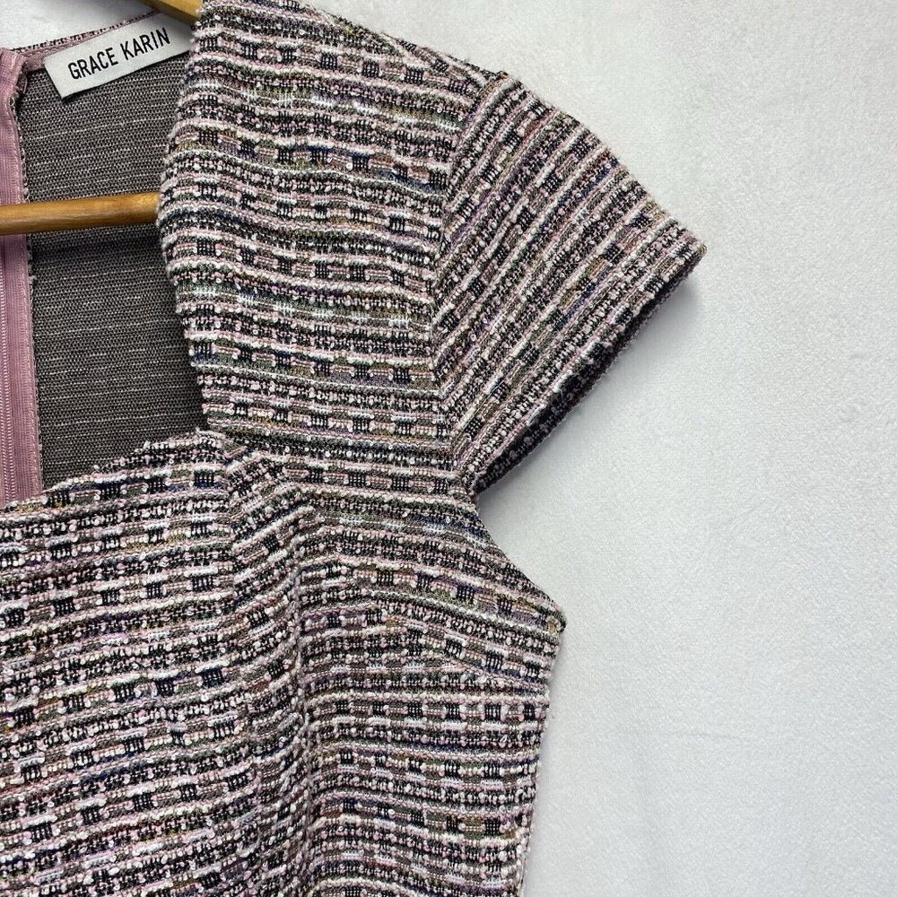 GRACE KARIN Cap Sleeve Queen Neck Tweed Body-con Pencil Dress Women Small Pink - Picture 15 of 16